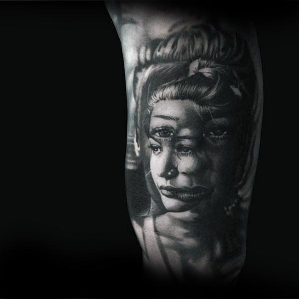 Abstract Female Portrait Cool Arm Tattoo On Guys