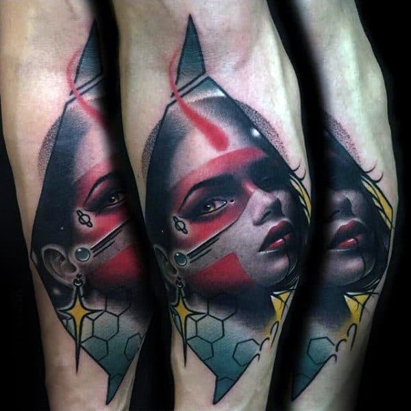 Abstract Female Portrait Male Inner Forearm Tattoo Designs