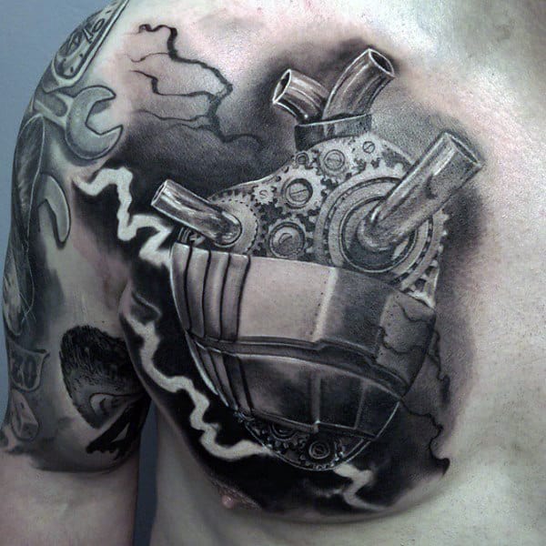 Abstract Gear Tattoo For Men On Upper Chest
