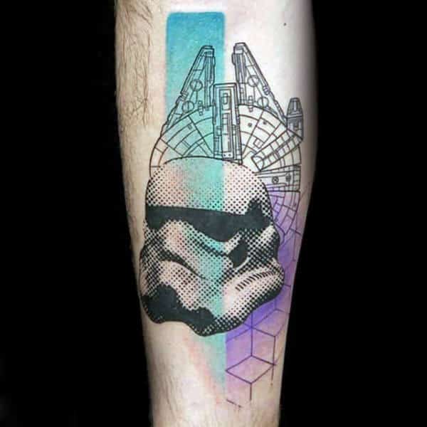 Abstract Geometric And Dotwork Stormtrooper Helmet And Ship Guys Forearm Tattoo
