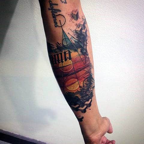 Abstract Geometric Orange Sun Tattoo For Men On Forearm
