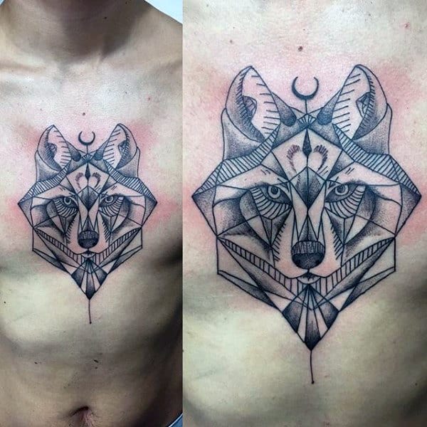 Abstract Geometric Wolf Male Chest Tattoos