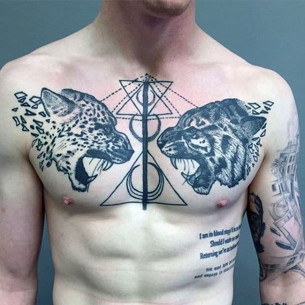 Abstract Geomtric Tiger And Jaguar Mens Pointillism Tattoo On Chest