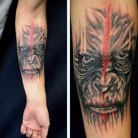 Abstract Gorilla With Red Line Through Face Tattoo For Males