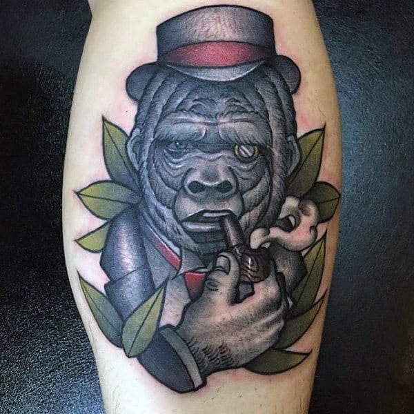 Abstract Gorilla With Top Hat And Smoking Pipe Tattoos For Men