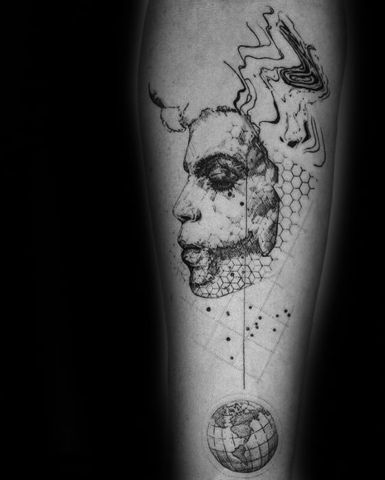 Abstract Prince tattoo with a detailed profile, hexagonal patterns, flowing lines, and a globe beneath