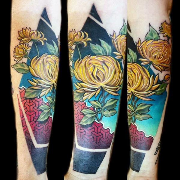 Abstract Guys Chrysanthemum Geometric Tattoo On Inner Forearm