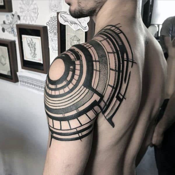 Abstract Guys Shoulder Arm Tattoos With Tribal Design
