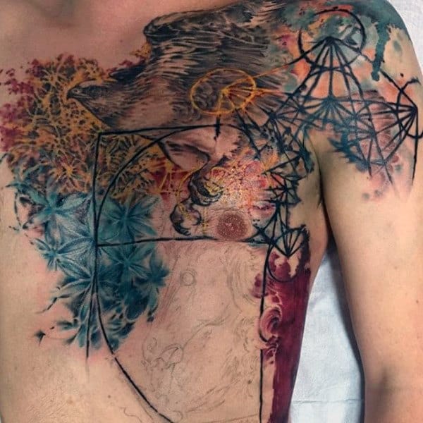 Abstract Hawk And Pentagram Tattoo For Men On Chest