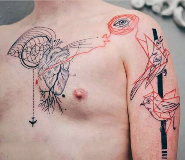 Abstract Heart Origami Bird Mens Chest And Arm Tattoo