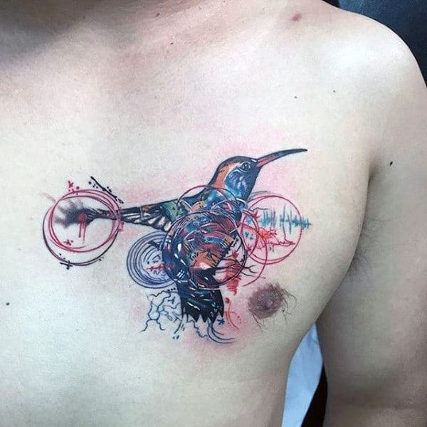 Abstract Hummingbird Chest Tattoos For Males