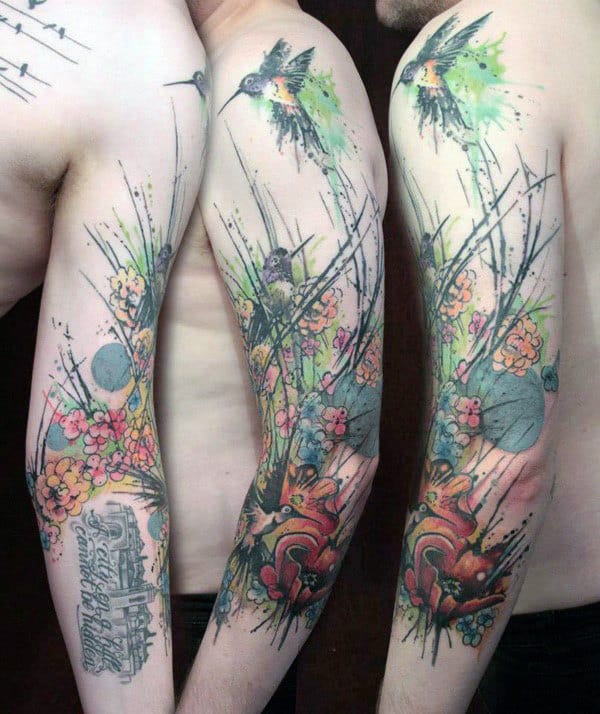 Abstract Hummingbird Watercolor Mens Arm Tattoos