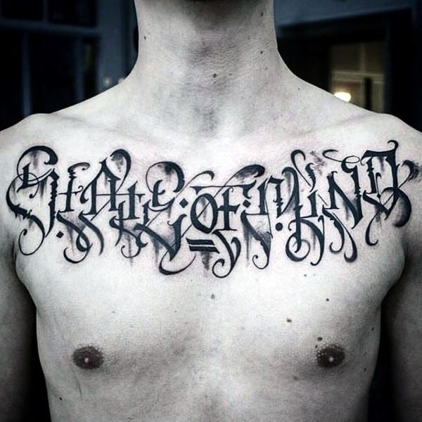 Abstract Lettering Mens Script Upper Chest Tattoo Design Ideas