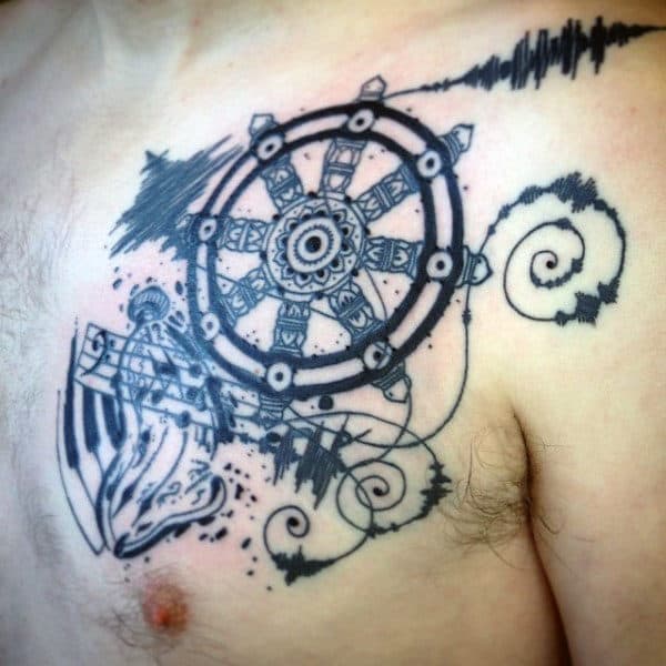 Abstract Male Dharma Wheel Chest Tattoos