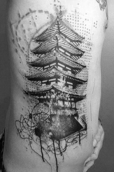Abstract Male Japanese Building Ribs Tattoos