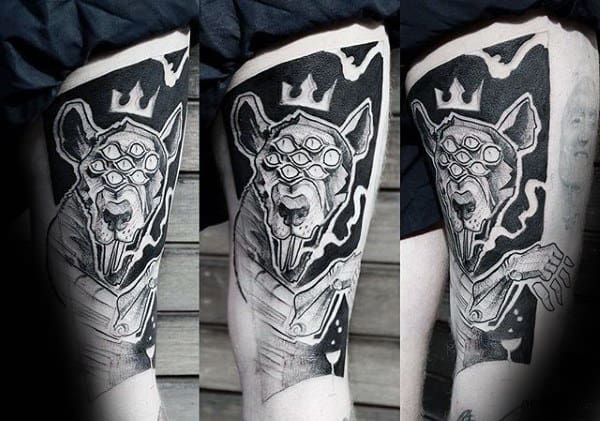 Abstract Mens Artistic Rat With Crown Thigh Tattoos