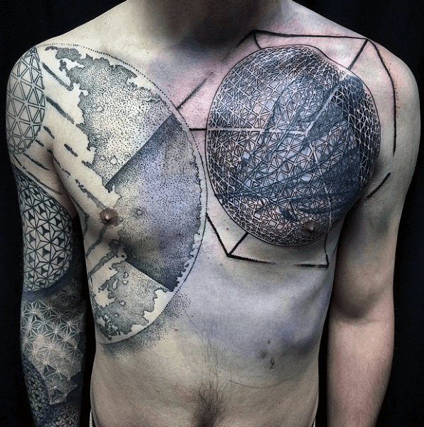Abstract Mens Blackwork Tattoo On Chest With Full Sleeve