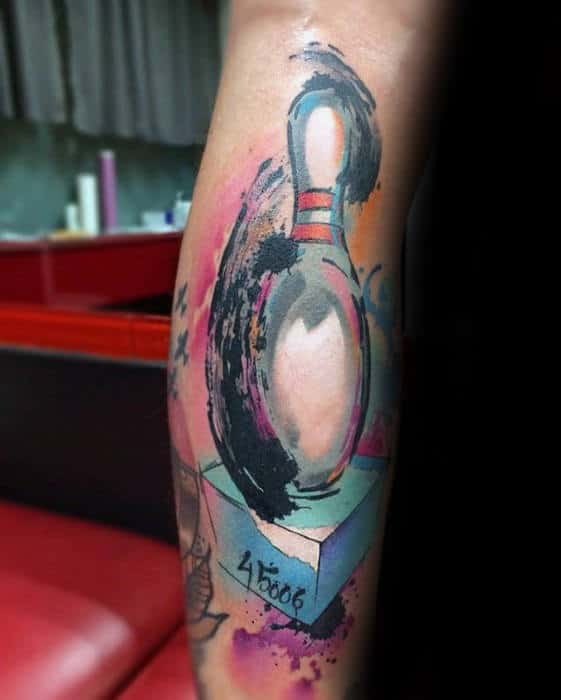 Abstract Mens Creative Bowling Pin Watercolor Tattoo On Leg