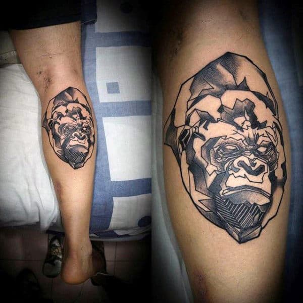 Abstract Mens Gorilla Face Tattoo On Back Of Leg Calf