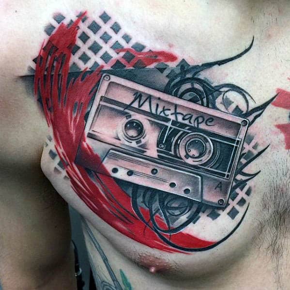 Abstract Mens Trash Polka Cassette Tape Mixtape Upper Chest Tattoo