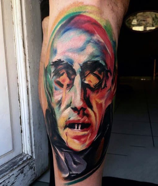 Abstract Mens Vampire Tattoo In Full Color On Leg