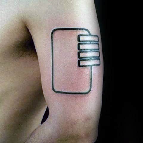 Minimalist tattoo of a stylized, outlined document icon on an upper arm