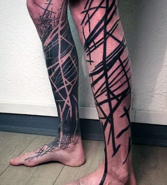 Abstract Negative Space Black Ink Linework Unique Mens Leg Sleeve Tattoos