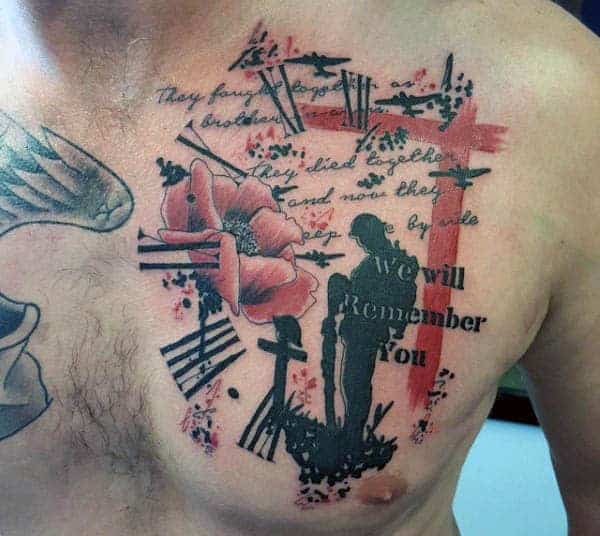 Chest tattoo with poppies, soldier silhouette, red cross, barbed wire, and text "We will remember you"