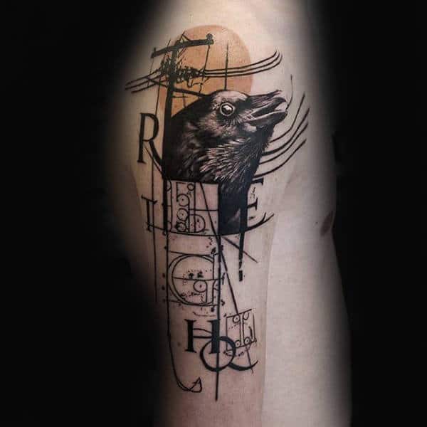 Abstract Power Line With Crow Tattoo For Men On Upper Arm