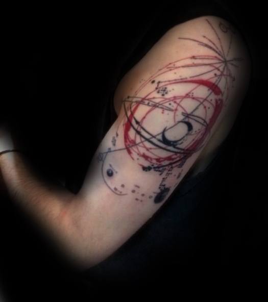 Abstract tattoo of a pulsar map with red and black lines and dots on a person's upper arm