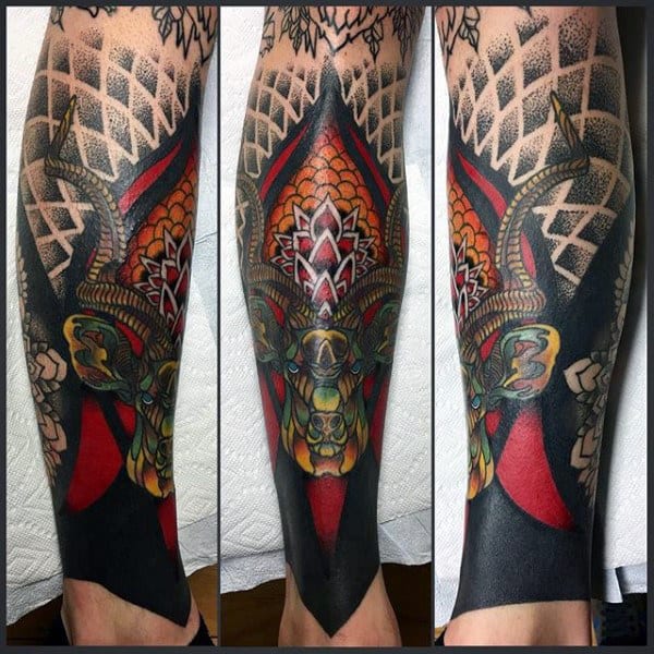 Abstract Satanic Mens Goat Shin Tattoo Ideas