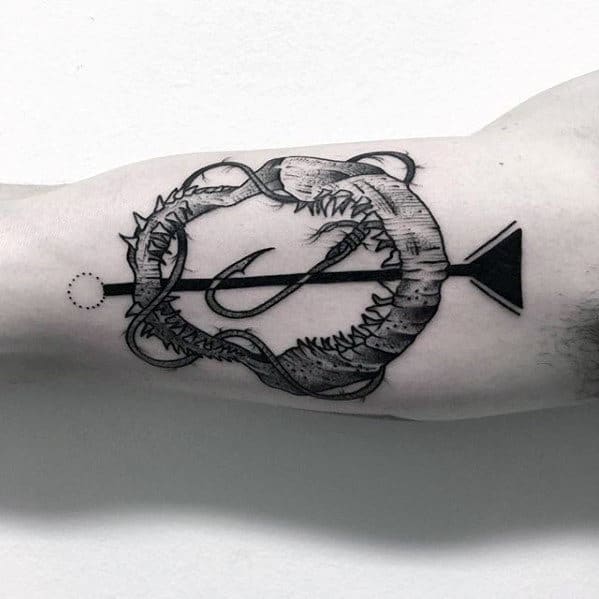 Abstract Shark Jaw Hook Male Inner Arm Bicep Tattoos