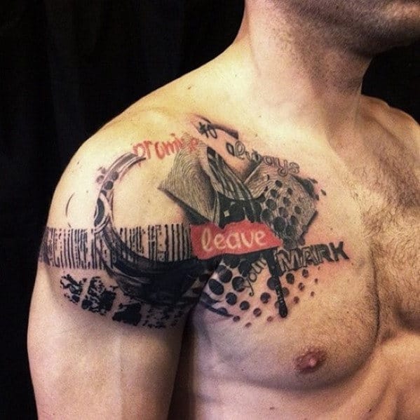 Colorful abstract shoulder tattoo with text and patterns