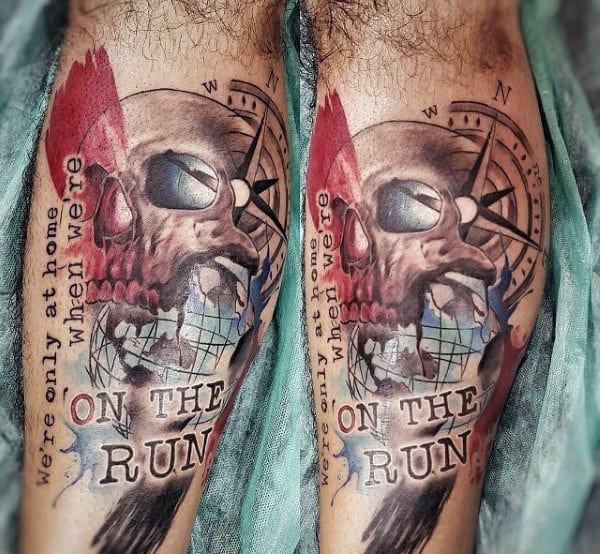 Abstract Skull Globe On The Run Guys Travel Leg Tattos
