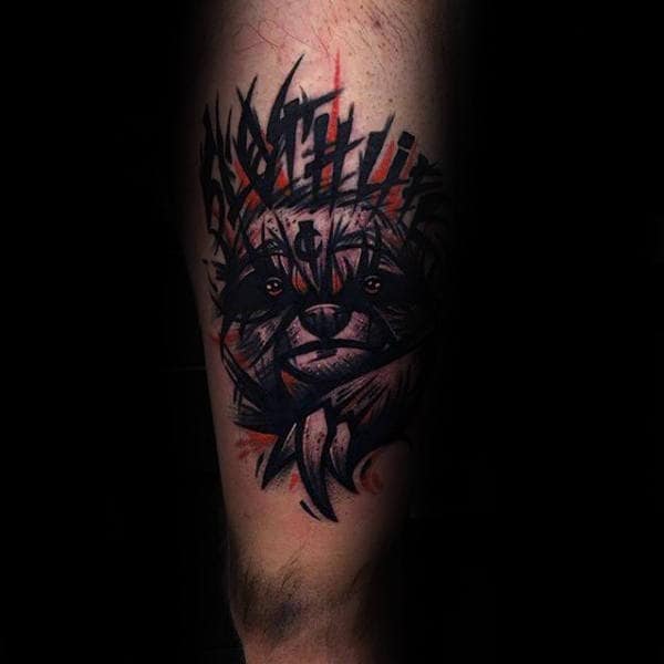 Abstract Sloth Red And Black Ink Manly Thigh Tattoos For Men