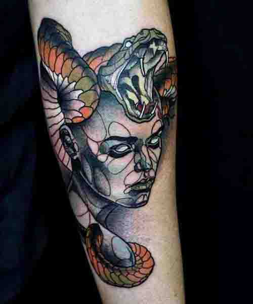 Abstract Snake Fangs Medusa Forearm Tattoos