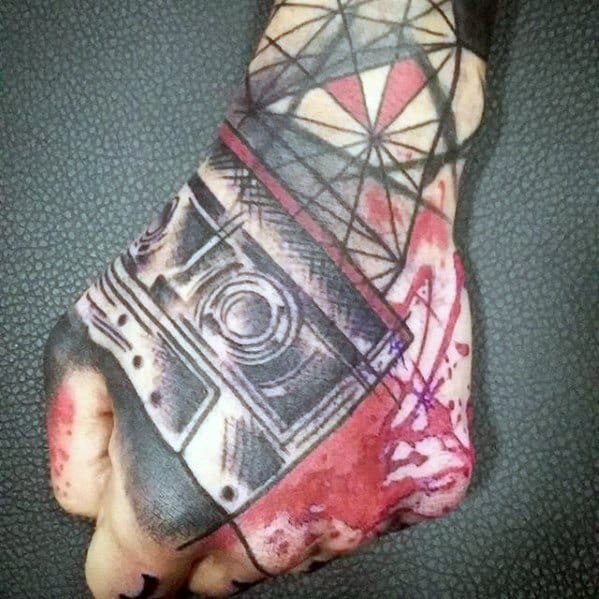 Abstract Tap Red And Black Ink Geometric Hand Tattoos For Gentlemen