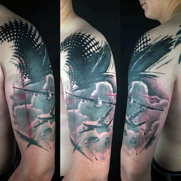 Abstract Trash Polka Airborne Tattoos For Men On Upper Arm