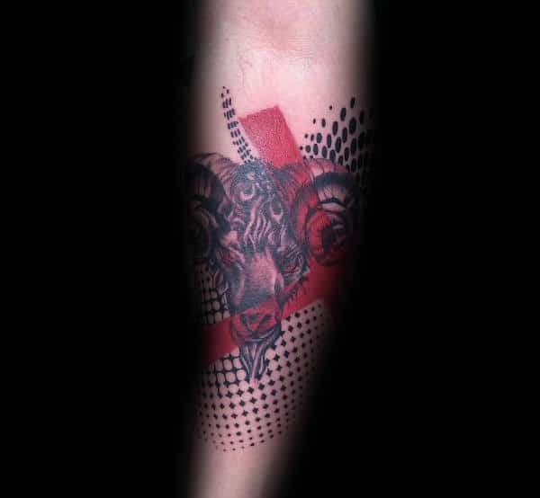 Abstract Trash Polka Aries Ram Forearm Tattoo