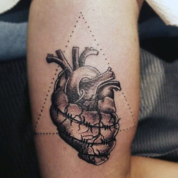 Abstract Triangle Barbed Wire Heart Tattoo For Guys