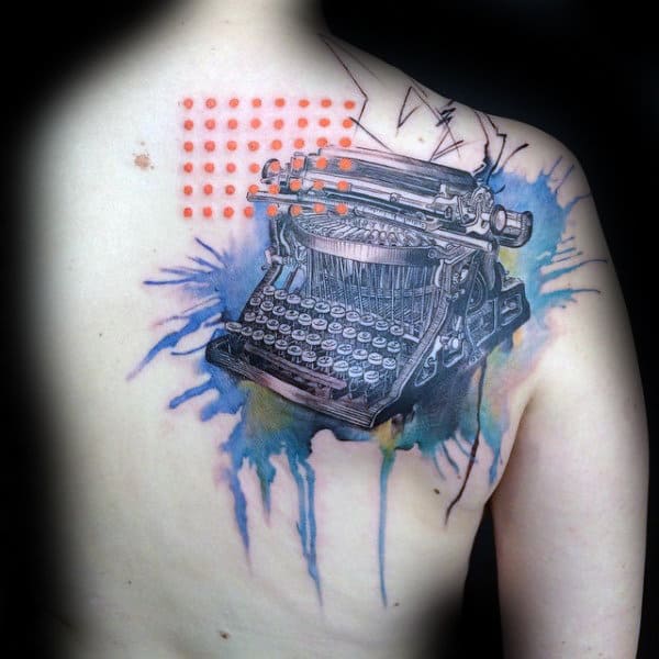 Abstract Typewriter Mens Watercolor Back Tattoo