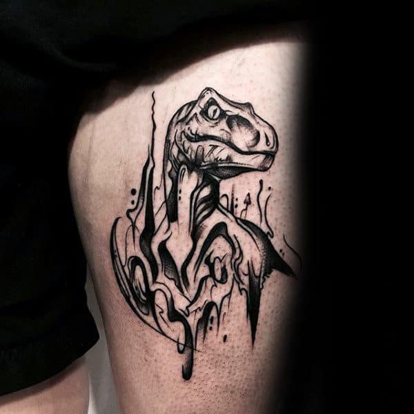 Abstract Velociraptor Guys Dripping Paint Thigh Tattoo