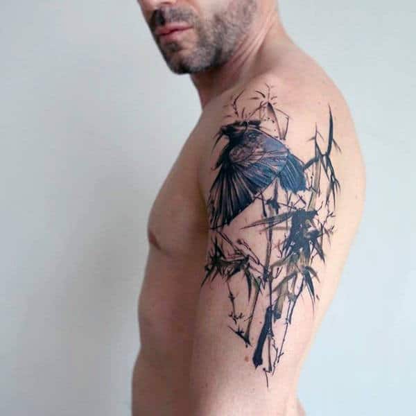 Abstract Watercolor Bamboo With Bird Arm Tattoo On Man