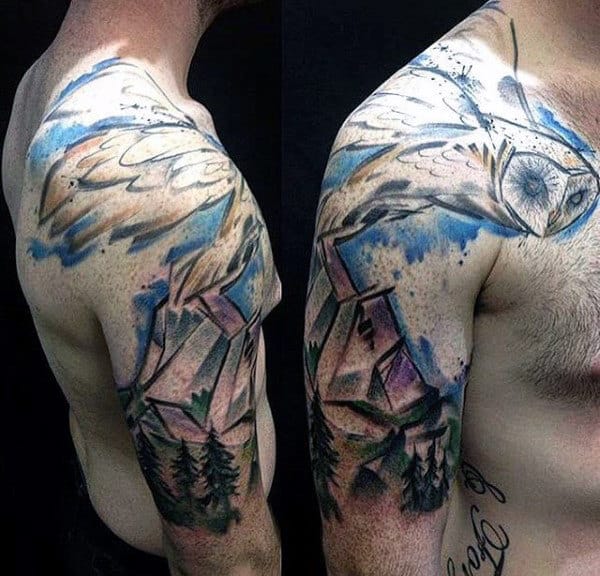Abstract Watercolor Forest With Owl Mens Upper Arm Tattoos