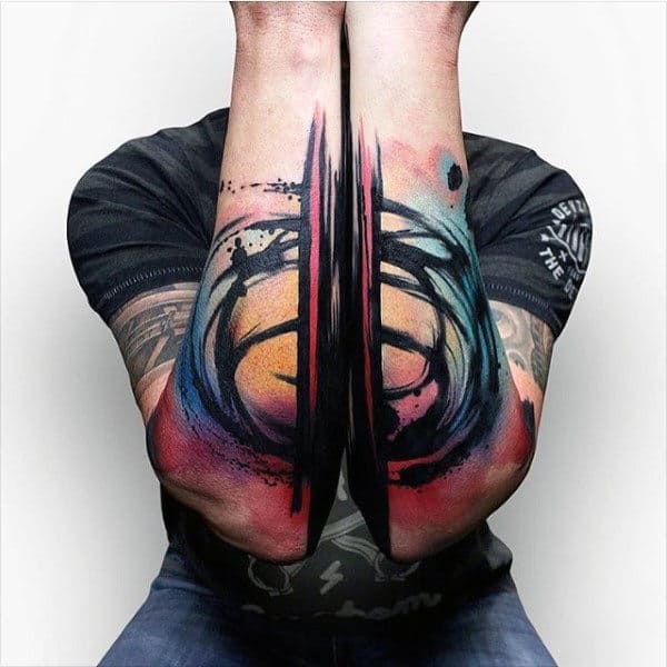 Abstract Watercolor Guys Outer Forearm Unique Tattoos With Colorful Design