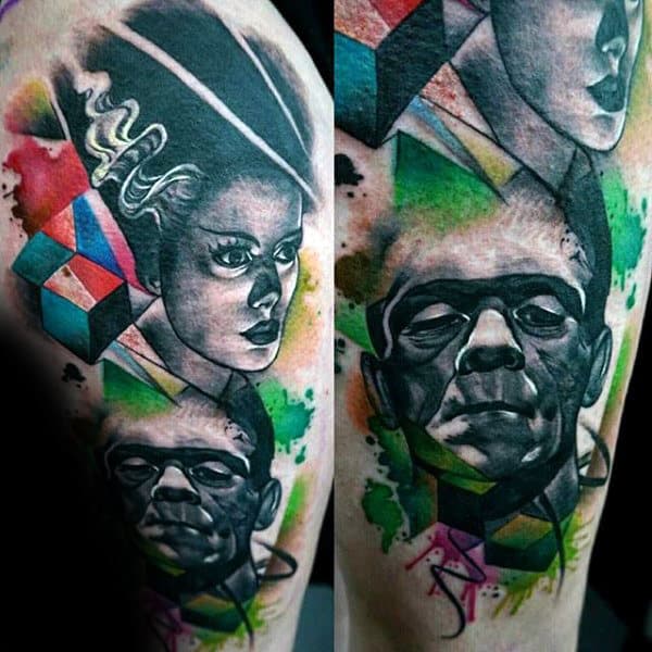 Abstract Watercolor Male Frankenstein Tattoo Ideas