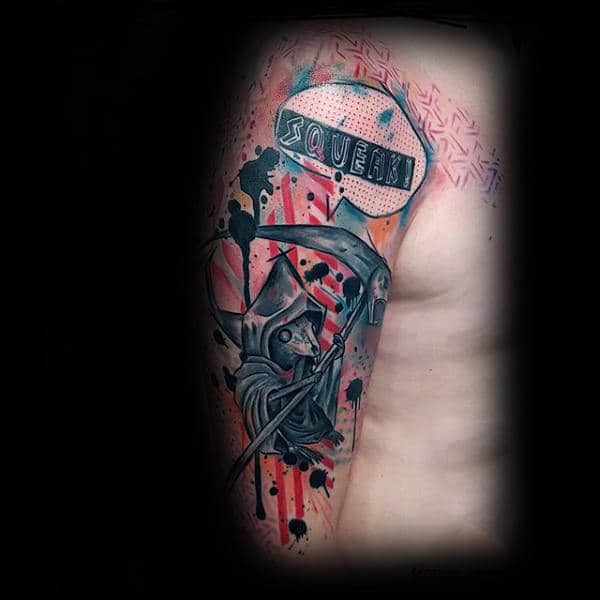 Abstract Watercolor Male Grim Reaper Themed Rat Tattoo On Arm