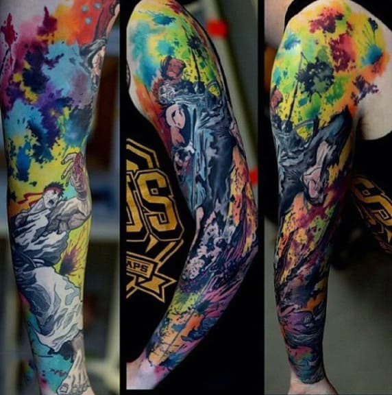 Abstract Watercolor Modern Full Sleeve Tattoos For Males