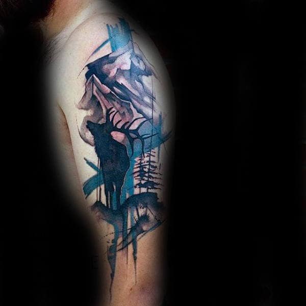 Abstract Watercolor Paint Brush Moose Tattoos For Men On Arm