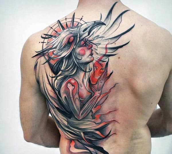 Tattoo of an angelic figure with wings and halos on a person's upper back